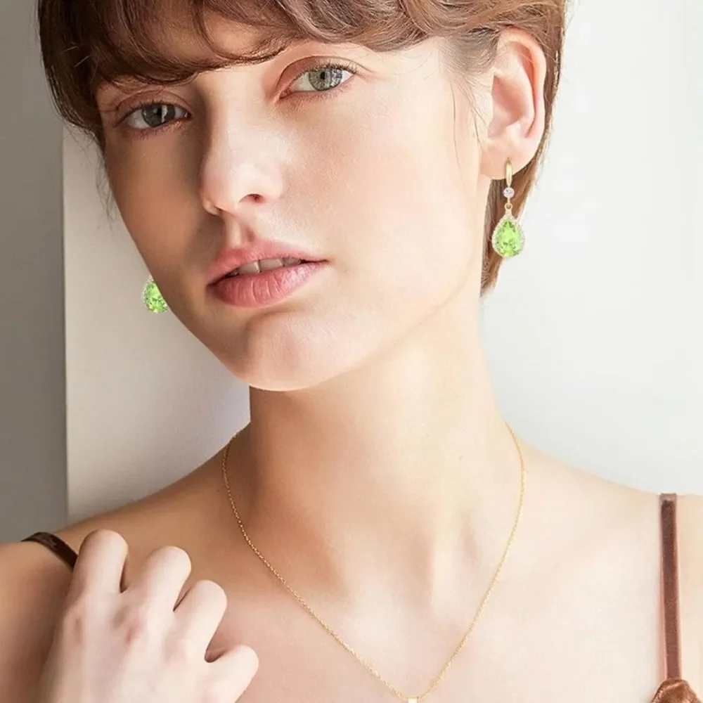 14K Yellow Gold with Peridot Green Cubic Zirconia Teardrop Hook Dangle Earrings